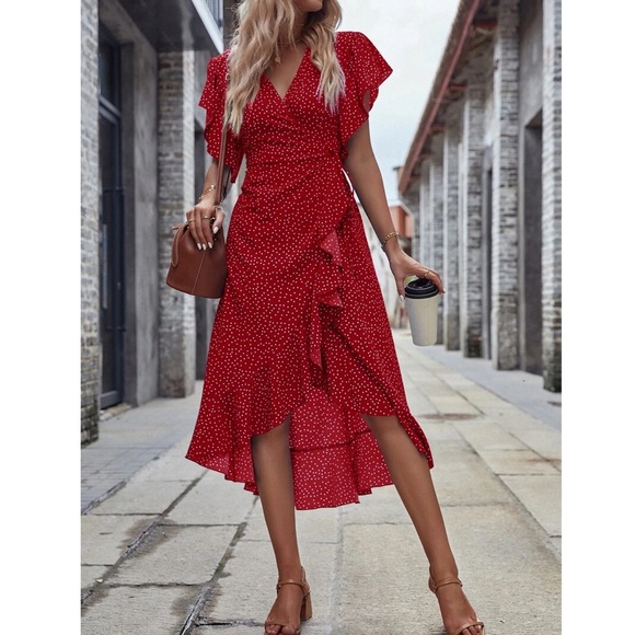 Polka Dot Burgundy Boho Wrap Midi Dress - Picture 4 of 10